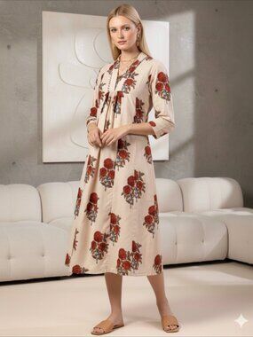 Indian Bagru Block Print Cotton Kyra Midi Summer Maxi Boho Maternity Dress